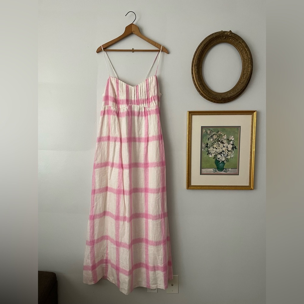 Maeve linen pink plaid maxi tie back dress